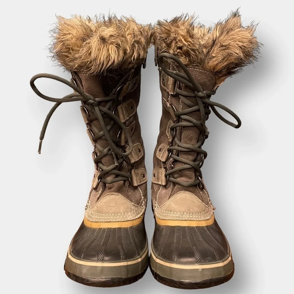 Sorel Joan of Artic Waterproof Winter Suede Rain Boots Quarry Black Sand Size 8